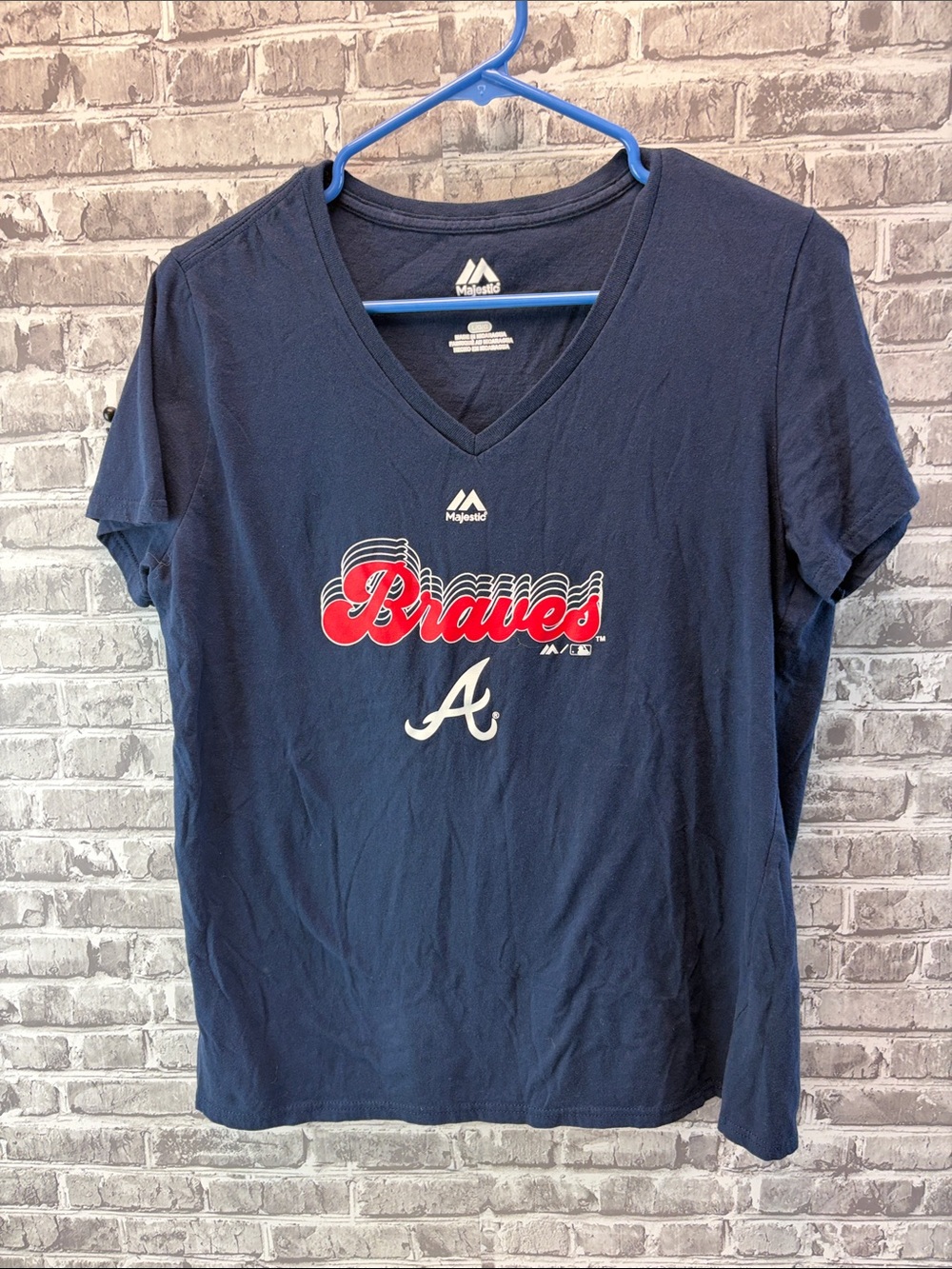 Majestic Navy V-Neck Braves Script Tee with Red Accent